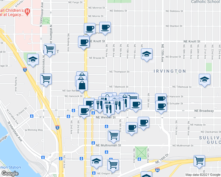 map of restaurants, bars, coffee shops, grocery stores, and more near 2007 Northeast 8th Avenue in Portland