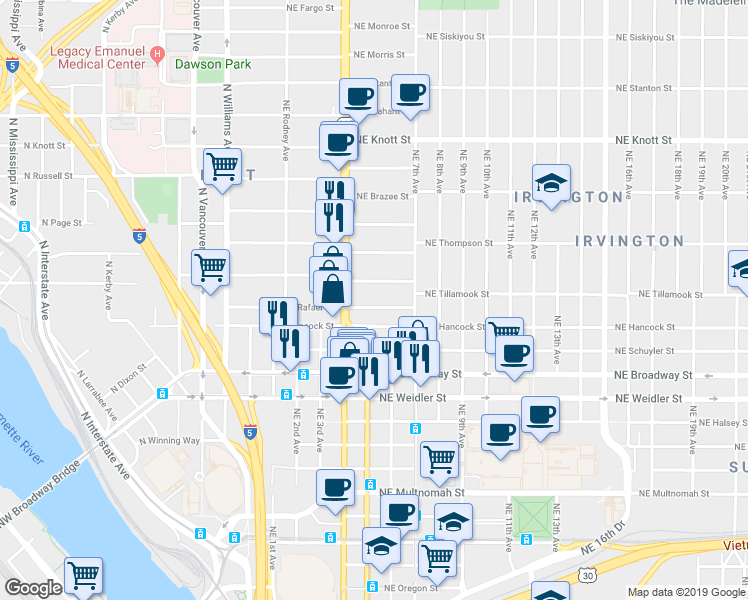 map of restaurants, bars, coffee shops, grocery stores, and more near 1900 Northeast Martin Luther King Junior Boulevard in Portland