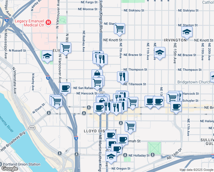 map of restaurants, bars, coffee shops, grocery stores, and more near 1900 Northeast Martin Luther King Junior Boulevard in Portland