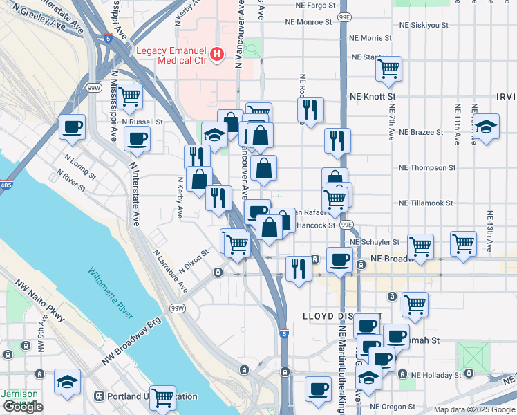 map of restaurants, bars, coffee shops, grocery stores, and more near 1931 North Williams Avenue in Portland