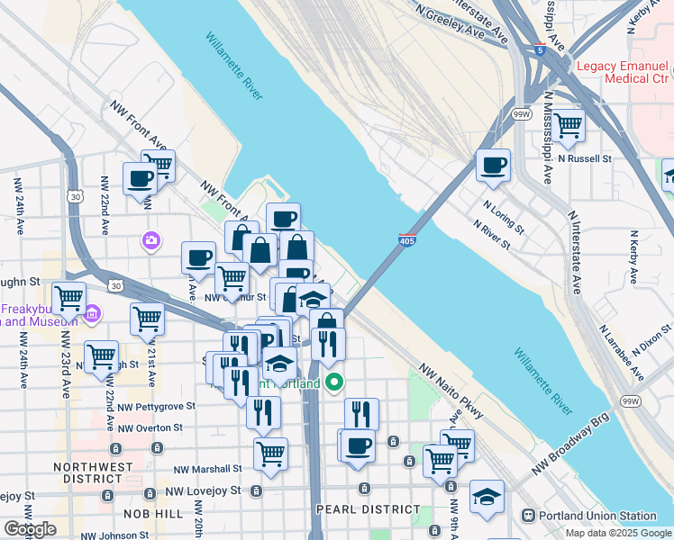 map of restaurants, bars, coffee shops, grocery stores, and more near 2046 Northwest 16th Avenue in Portland