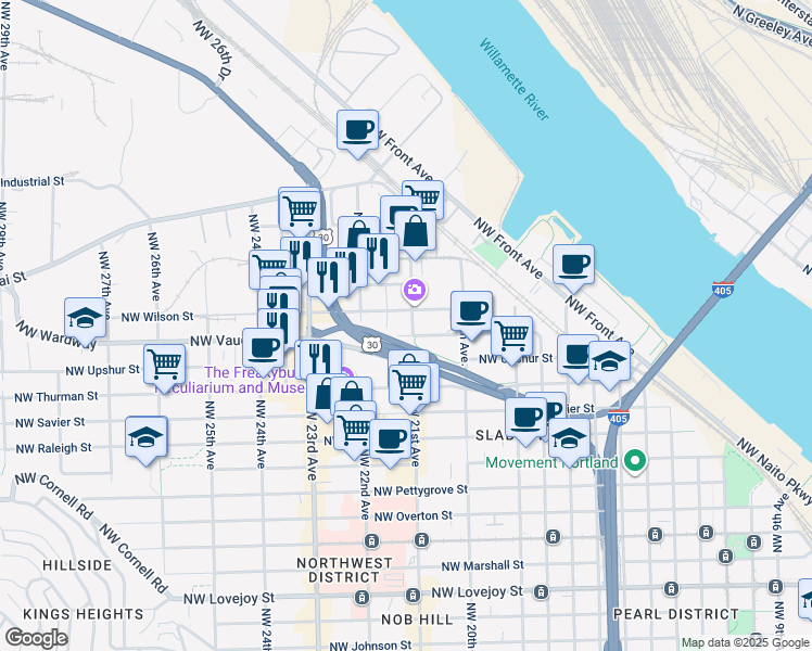 map of restaurants, bars, coffee shops, grocery stores, and more near 2123 Northwest Vaughn Street in Portland