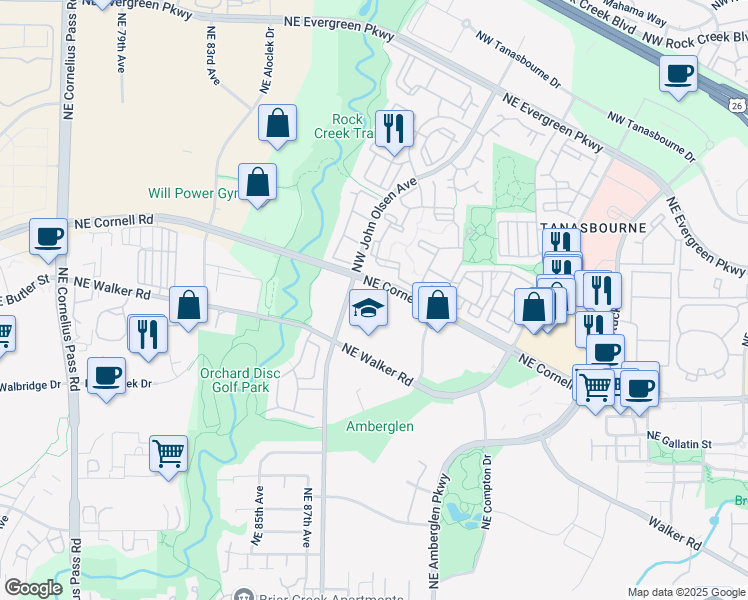map of restaurants, bars, coffee shops, grocery stores, and more near 2430 Northeast John Olsen Avenue in Beaverton