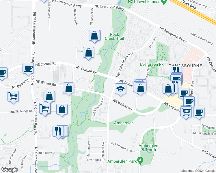 map of restaurants, bars, coffee shops, grocery stores, and more near 2451 Northwest 206th Avenue in Hillsboro