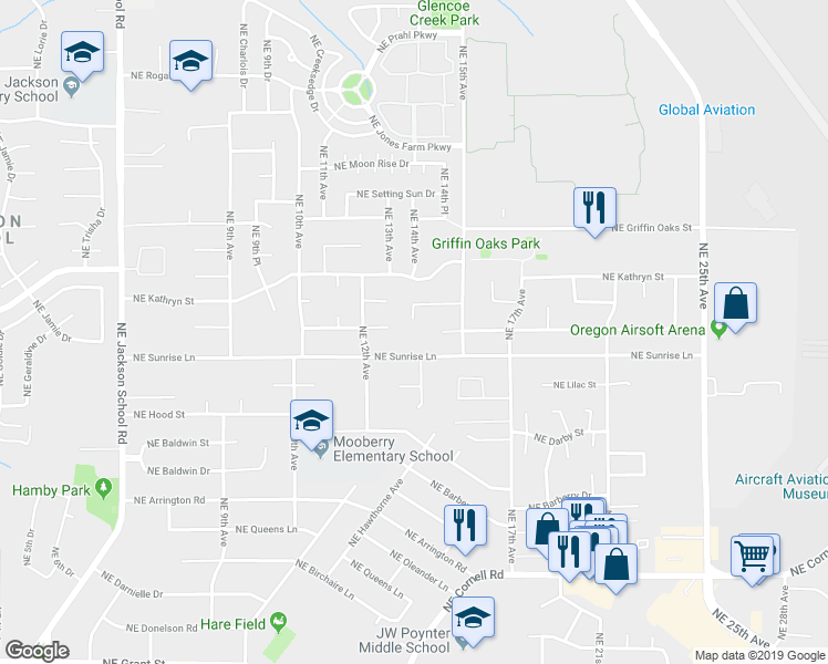 map of restaurants, bars, coffee shops, grocery stores, and more near 1325 Northeast Sunrise Lane in Hillsboro