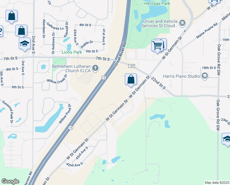 map of restaurants, bars, coffee shops, grocery stores, and more near 4005 24th Street South in St. Cloud