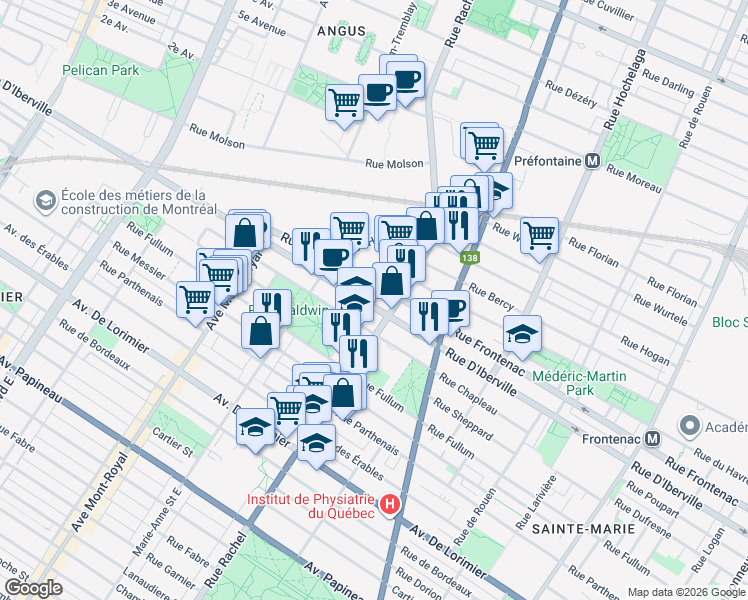map of restaurants, bars, coffee shops, grocery stores, and more near in Montréal