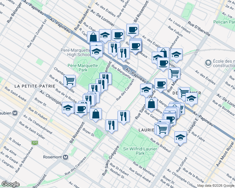 map of restaurants, bars, coffee shops, grocery stores, and more near 5595 Rue de Lanaudière in Montréal