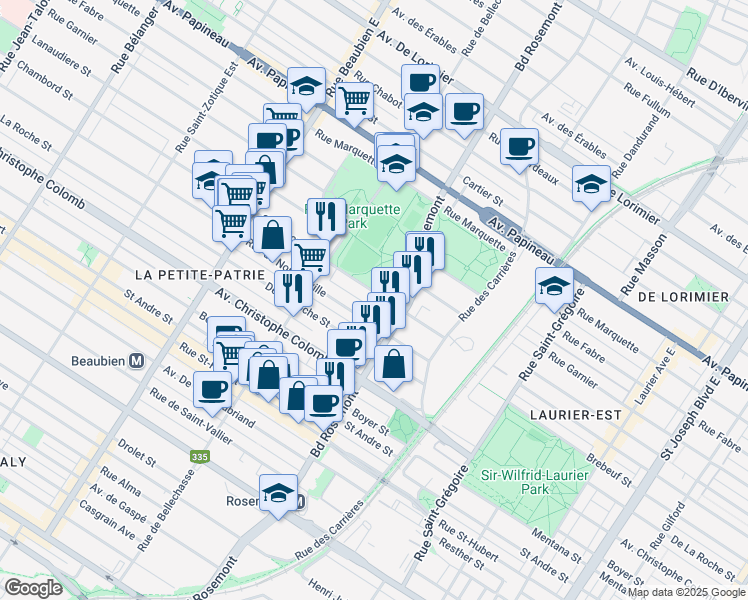 map of restaurants, bars, coffee shops, grocery stores, and more near 5880 Rue Chambord in Montréal
