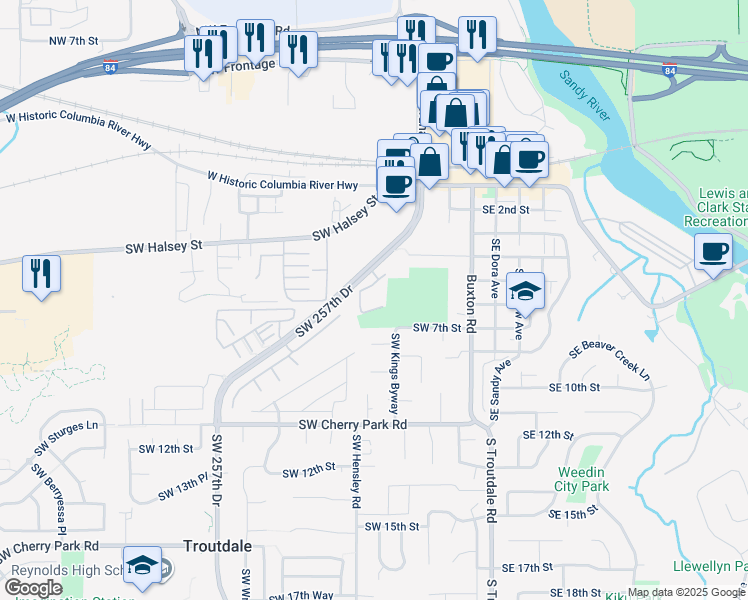 map of restaurants, bars, coffee shops, grocery stores, and more near 496-628 Southwest 257th Drive in Troutdale