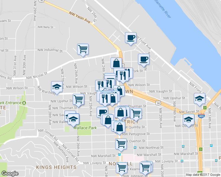 map of restaurants, bars, coffee shops, grocery stores, and more near 2355 Northwest Vaughn Street in Portland