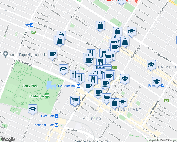 map of restaurants, bars, coffee shops, grocery stores, and more near 7261 Avenue de Gaspé in Montréal
