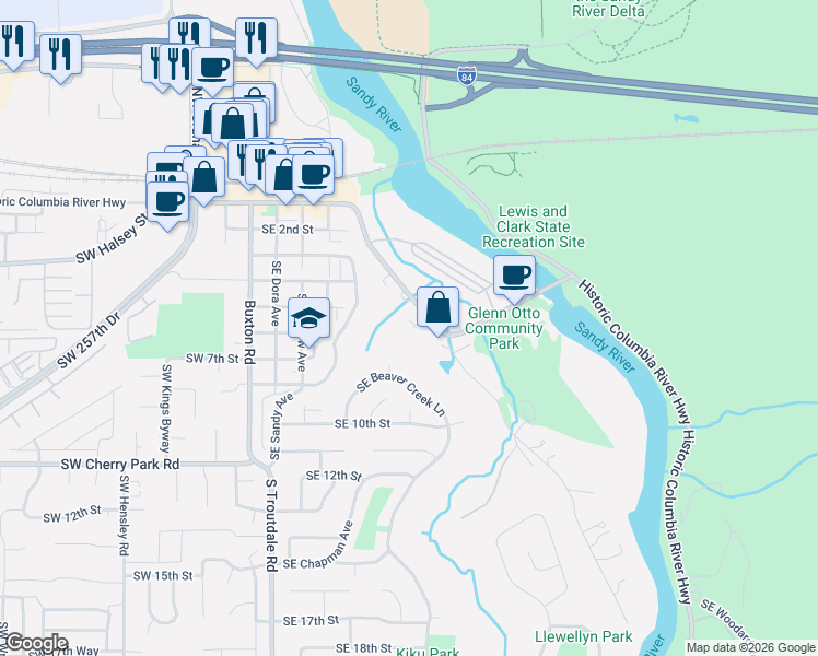 map of restaurants, bars, coffee shops, grocery stores, and more near East Columbia River Highway in Troutdale