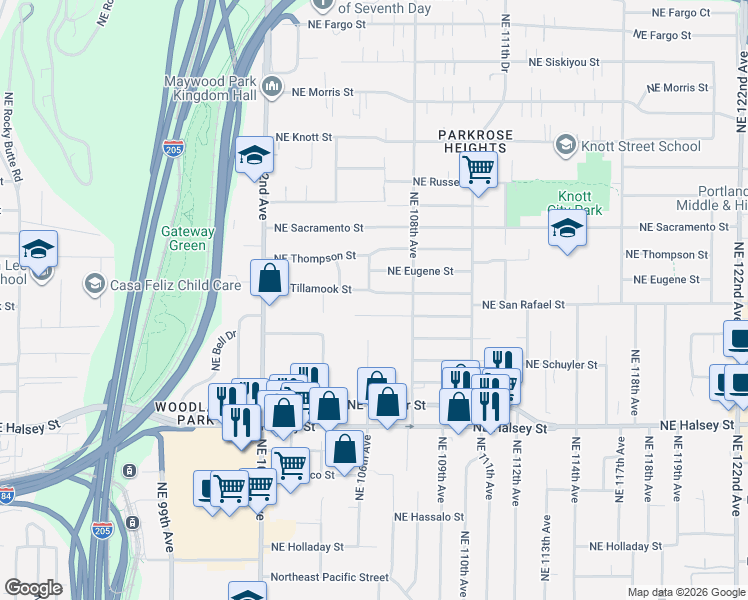 map of restaurants, bars, coffee shops, grocery stores, and more near 10608 Northeast Tillamook Street in Portland