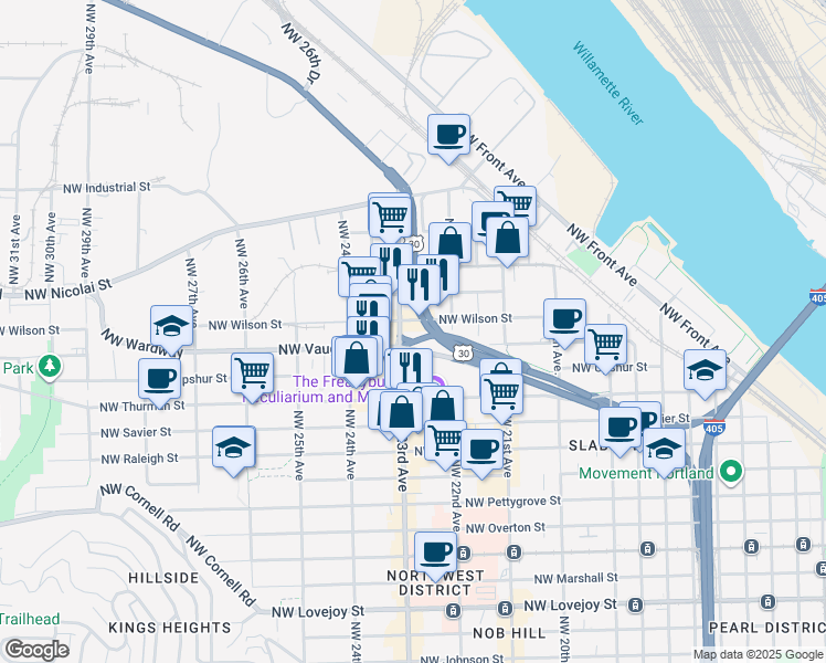 map of restaurants, bars, coffee shops, grocery stores, and more near 2260 Northwest Wilson Street in Portland