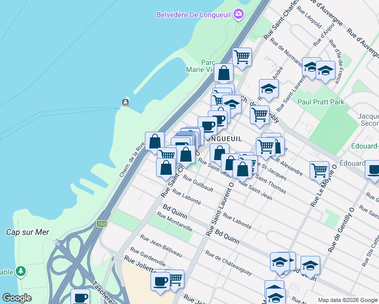 map of restaurants, bars, coffee shops, grocery stores, and more near 87 Rue Saint-Jean in Longueuil