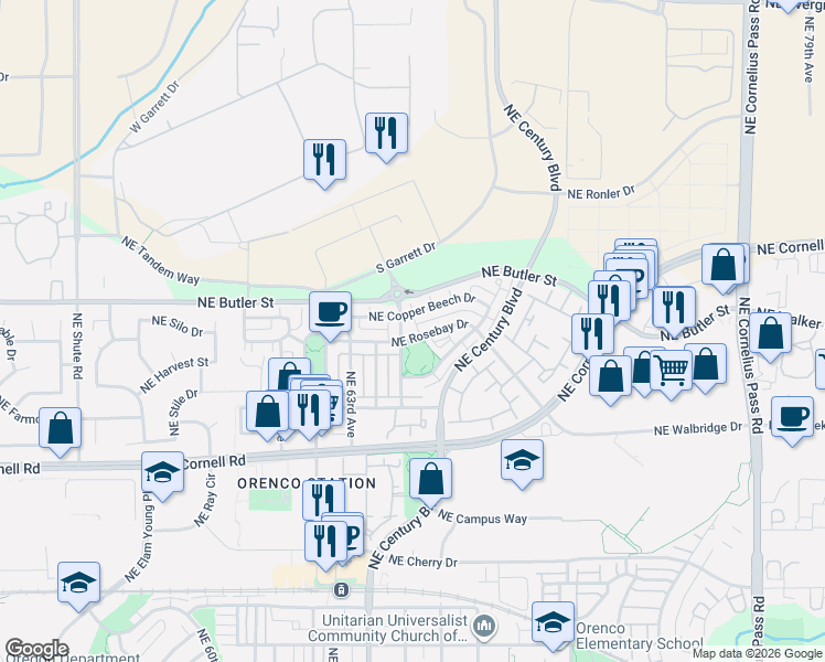 map of restaurants, bars, coffee shops, grocery stores, and more near 1732 Northeast 65th Avenue in Hillsboro