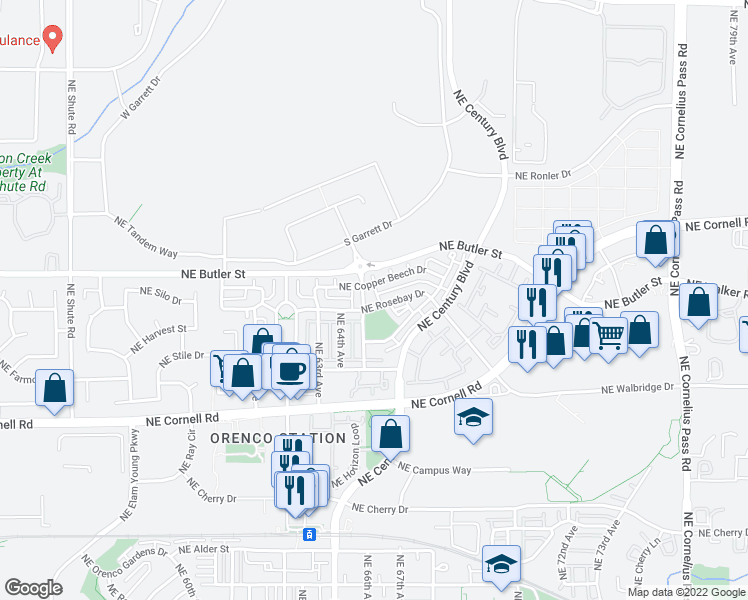 map of restaurants, bars, coffee shops, grocery stores, and more near 1650 Northeast 65th Avenue in Hillsboro