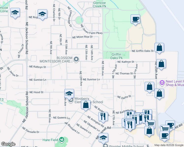 map of restaurants, bars, coffee shops, grocery stores, and more near 1325 Northeast Sunrise Lane in Hillsboro