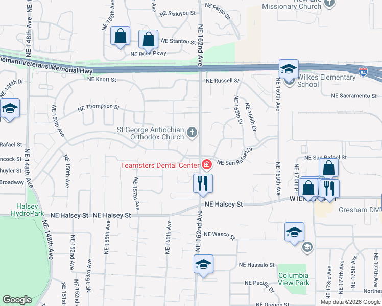map of restaurants, bars, coffee shops, grocery stores, and more near 16136 Northeast San Rafael Street in Portland