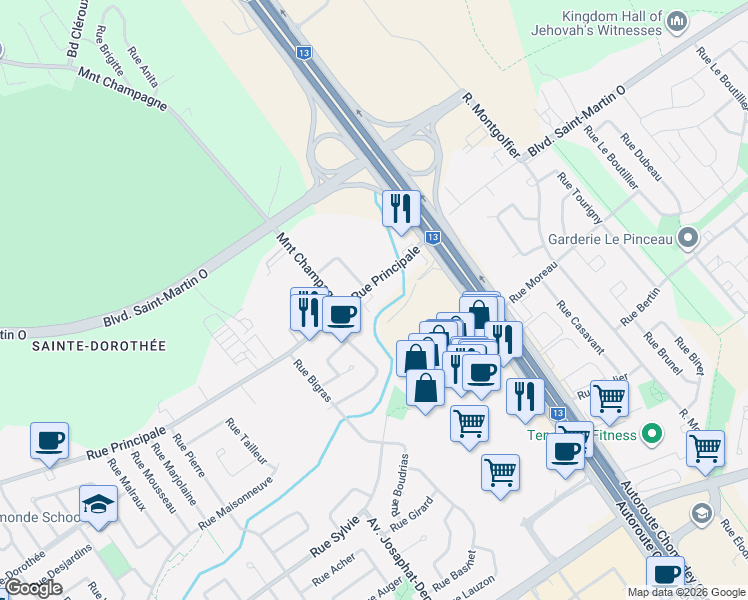 map of restaurants, bars, coffee shops, grocery stores, and more near 64 Rue Principale in Laval