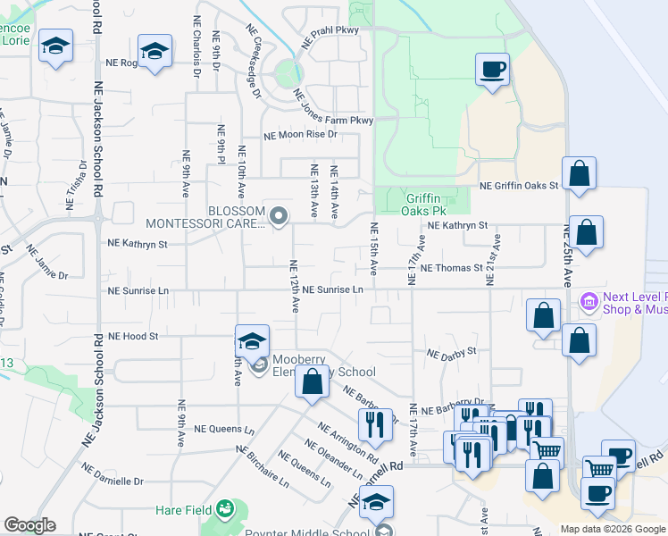 map of restaurants, bars, coffee shops, grocery stores, and more near 1337 Northeast Sunrise Lane in Hillsboro