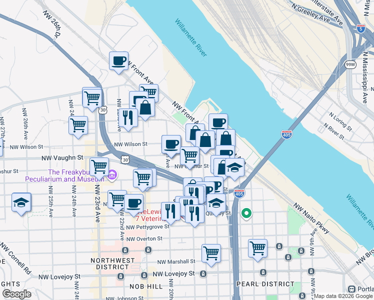 map of restaurants, bars, coffee shops, grocery stores, and more near 1891 Northwest Vaughn Street in Portland