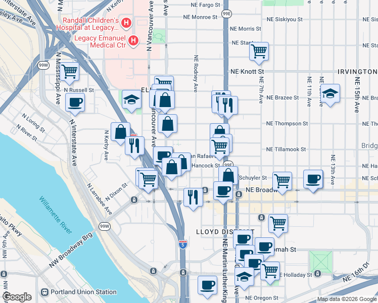 map of restaurants, bars, coffee shops, grocery stores, and more near 57 Northeast Hancock Street in Portland