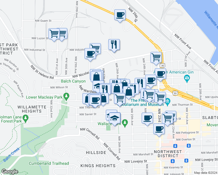 map of restaurants, bars, coffee shops, grocery stores, and more near 2034 Northwest 27th Avenue in Portland