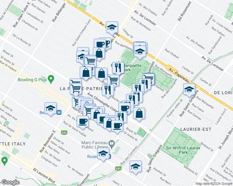 map of restaurants, bars, coffee shops, grocery stores, and more near 6026 Rue de Normanville in Montréal