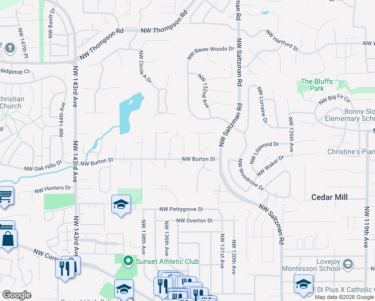 map of restaurants, bars, coffee shops, grocery stores, and more near 13451 Northwest Countryview Way in Portland