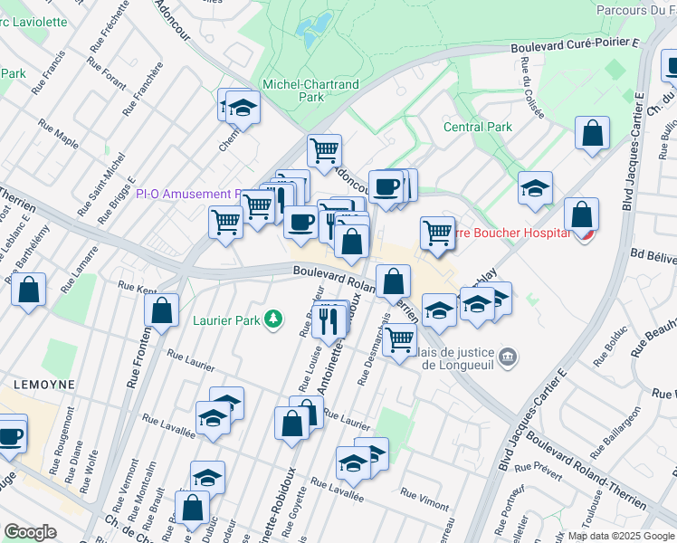 map of restaurants, bars, coffee shops, grocery stores, and more near Boulevard Roland-Therrien in Longueuil