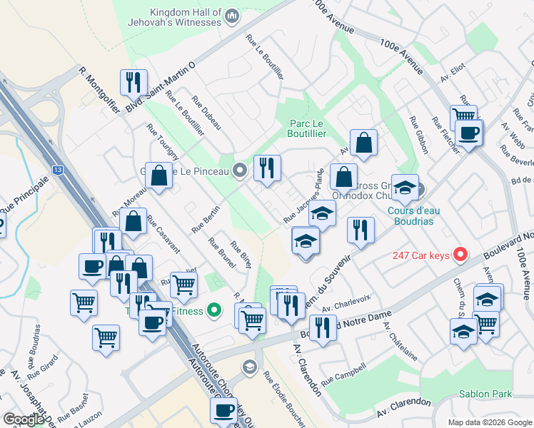 map of restaurants, bars, coffee shops, grocery stores, and more near 5334 Rue Jacques-Plante in Laval