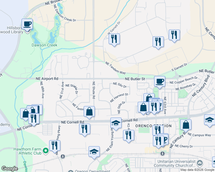 map of restaurants, bars, coffee shops, grocery stores, and more near 1735 Northeast 57th Avenue in Hillsboro