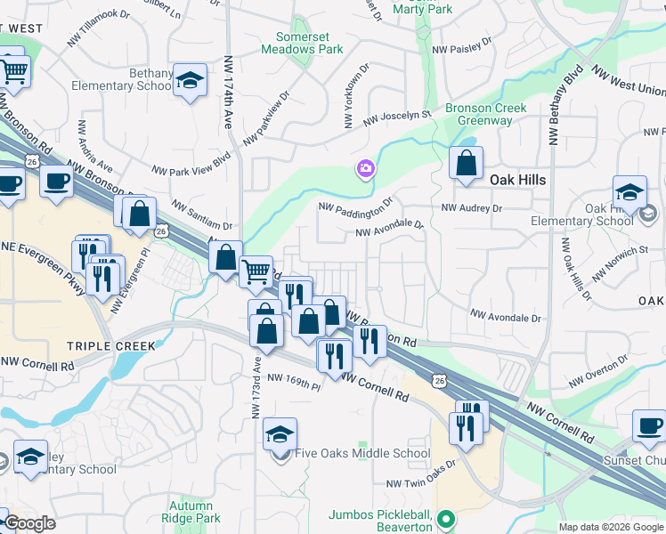 map of restaurants, bars, coffee shops, grocery stores, and more near 16922 Northwest Shadow Hills Lane in Beaverton