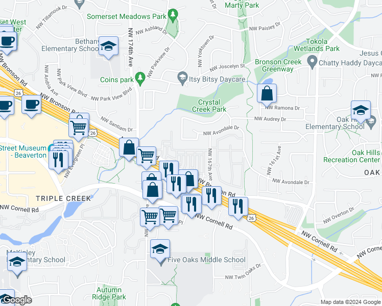 map of restaurants, bars, coffee shops, grocery stores, and more near 16922 Northwest Shadow Hills Lane in Beaverton