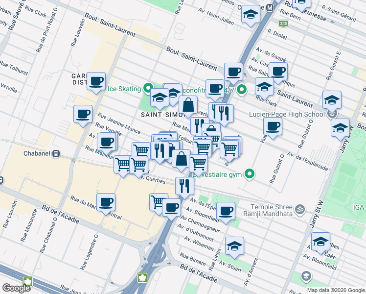 map of restaurants, bars, coffee shops, grocery stores, and more near 8803 Rue Jeanne-Mance in Montréal
