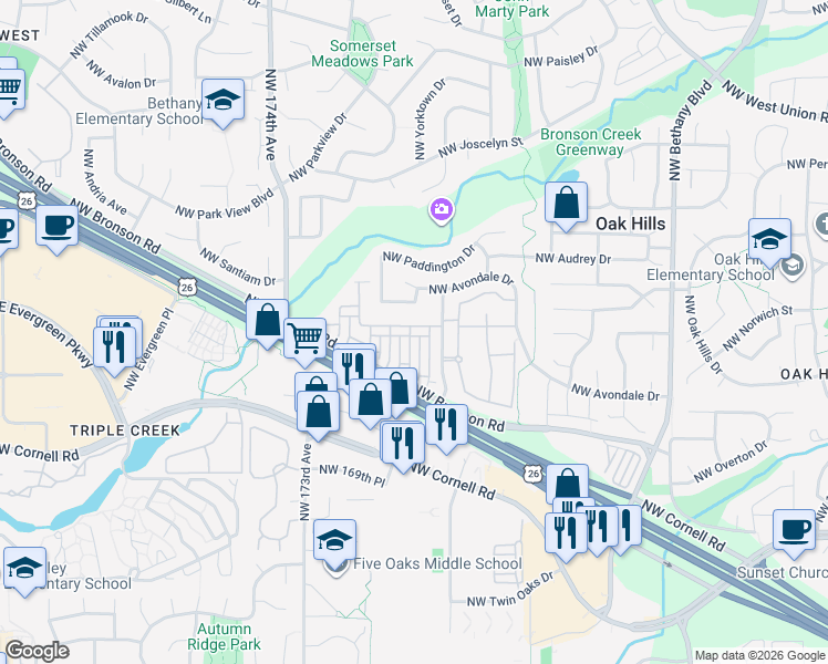 map of restaurants, bars, coffee shops, grocery stores, and more near 2417 Northwest 168th Place in Beaverton
