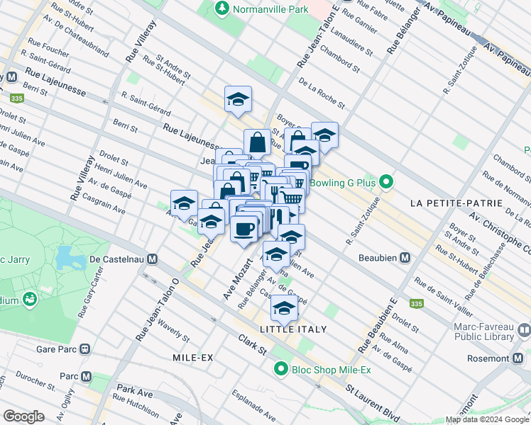 map of restaurants, bars, coffee shops, grocery stores, and more near 7014 Rue Saint-Denis in Montréal