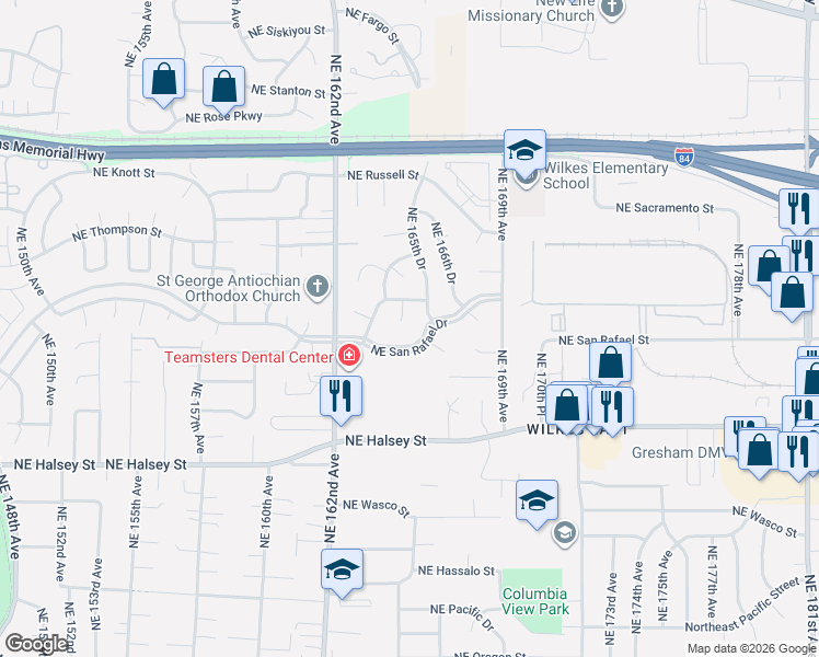 map of restaurants, bars, coffee shops, grocery stores, and more near 16457 Northeast San Rafael Drive in Portland