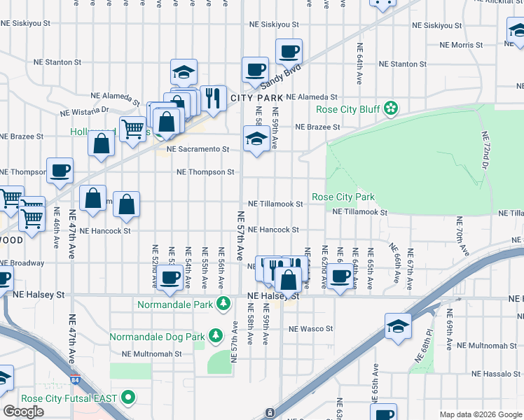 map of restaurants, bars, coffee shops, grocery stores, and more near 1925 Northeast 58th Avenue in Portland
