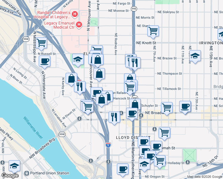 map of restaurants, bars, coffee shops, grocery stores, and more near 57 Northeast Hancock Street in Portland