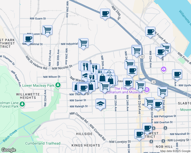 map of restaurants, bars, coffee shops, grocery stores, and more near 2655 Northwest Vaughn Street in Portland