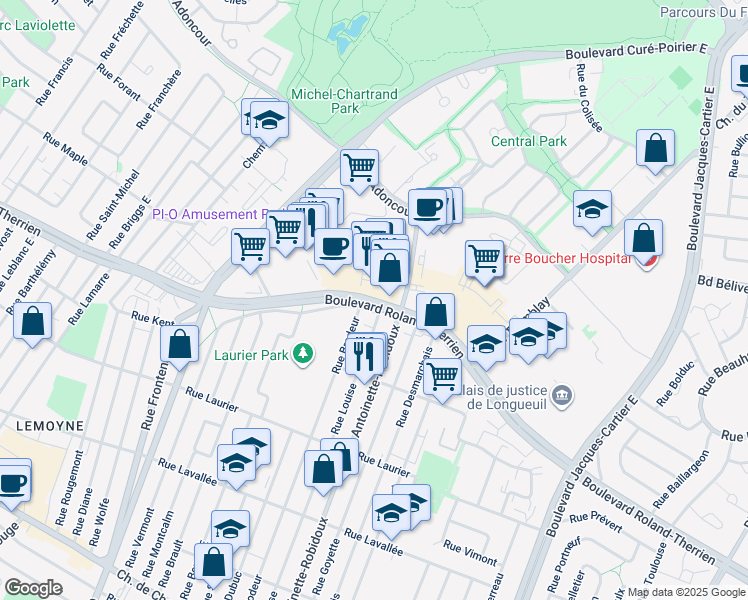map of restaurants, bars, coffee shops, grocery stores, and more near 2150 Rue Chamberland in Longueuil