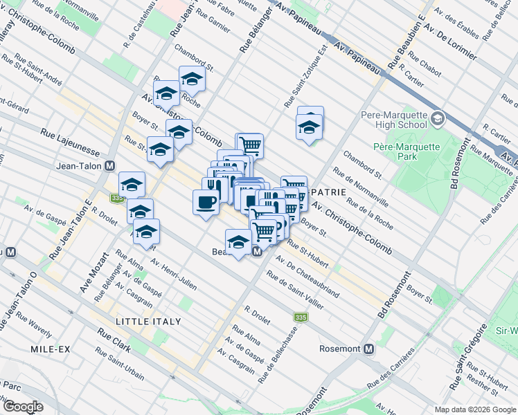 map of restaurants, bars, coffee shops, grocery stores, and more near 6621 Rue Saint-André in Montréal