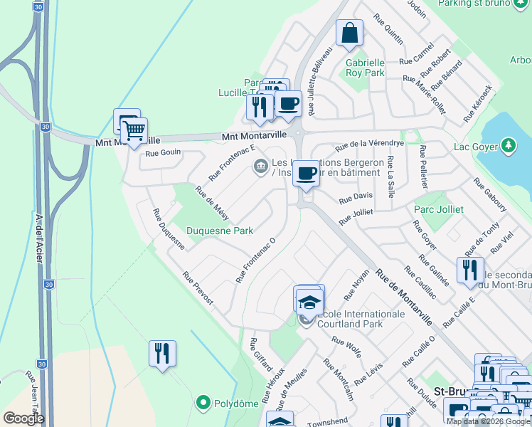 map of restaurants, bars, coffee shops, grocery stores, and more near 55 Rue de Mésy in Saint-Bruno-de-Montarville