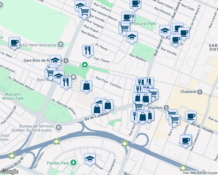 map of restaurants, bars, coffee shops, grocery stores, and more near 10205 Avenue de Bois-de-Boulogne in Montrã©Al