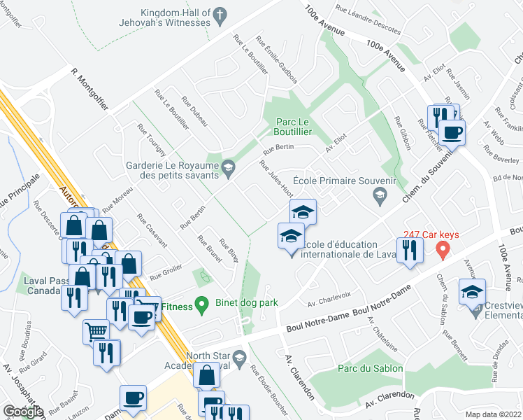 map of restaurants, bars, coffee shops, grocery stores, and more near 5301 Rue Jacques-Plante in Laval