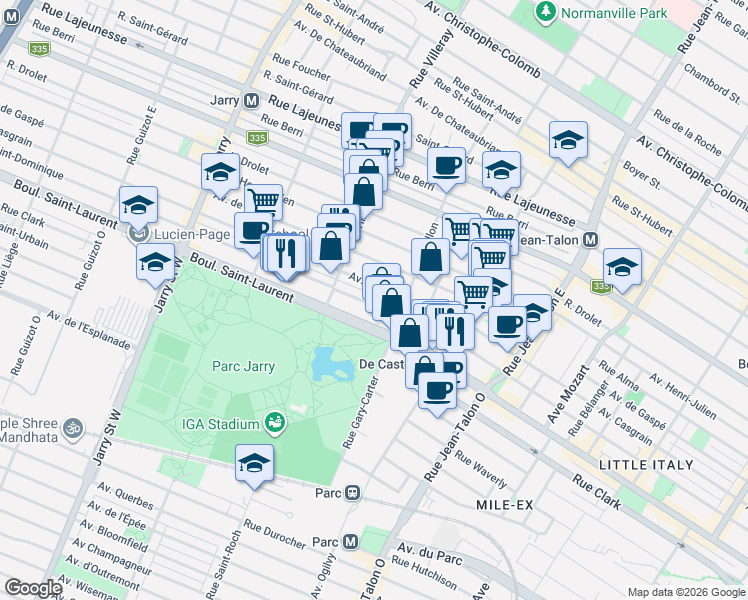 map of restaurants, bars, coffee shops, grocery stores, and more near 7597 Rue Saint-Dominique in Montréal