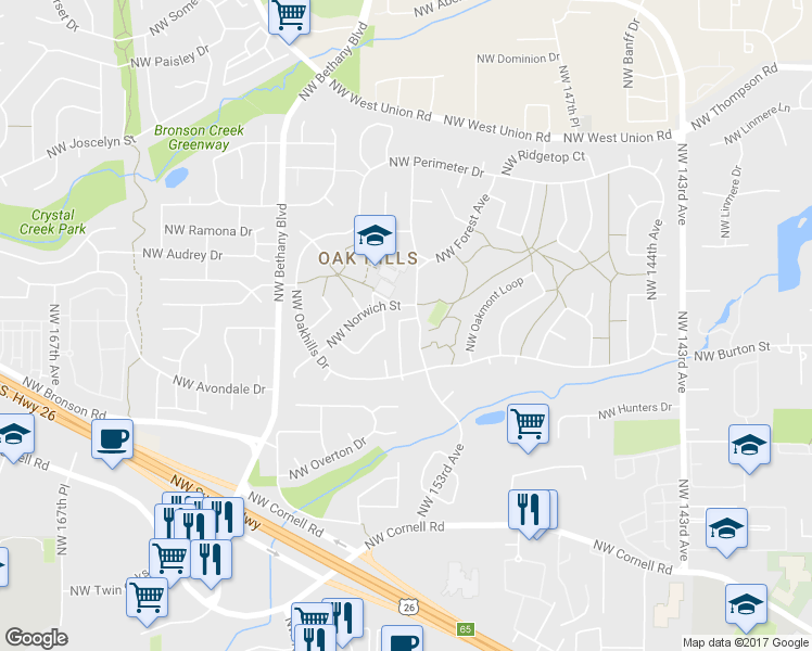 map of restaurants, bars, coffee shops, grocery stores, and more near 2449 Northwest 153rd Avenue in Beaverton